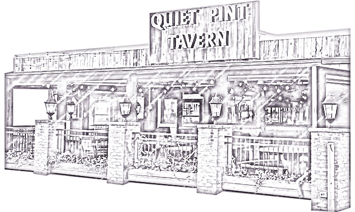 The front of The Quiet Pint building in an outlined/line drawn form.